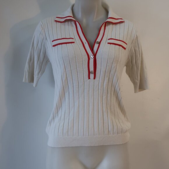 Womens Minnie Rose White Red Cotton Cashmere Collared V-Neck Knit Polo Top S - Picture 3 of 5